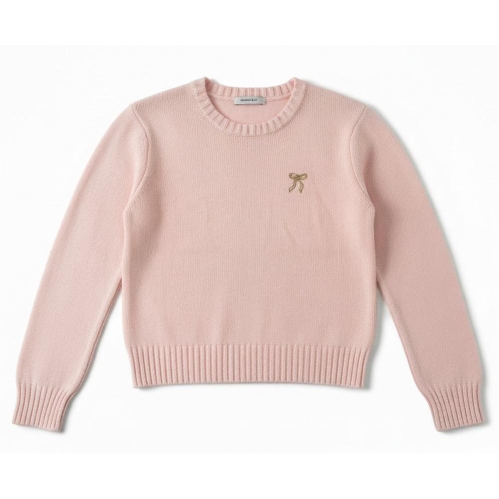 Just Polly Juniors Knit Sweater Sz S Pink Embroidered Bow Coquette Crewneck NWT